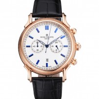 Patek Philippe cronografo quadrante bianco con segni blu cassa in oro rosa cinturino in pelle nera