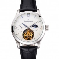 Jaeger LeCoultre Master Moonphase Tourbillon quadrante bianco Cassa in acciaio inossidabile Cinturino in pelle nera