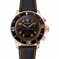 Swiss Blancpain Fifty Fathoms Flyback Chronograp quadrante in fibra di carbonio Cassa in oro rosa Cinturino in pelle nera