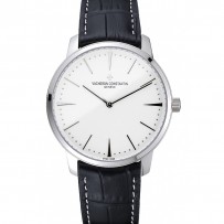 Swiss Vacheron Constantin Patrimony quadrante bianco Bracciale in pelle nera con cassa in argento 1454157