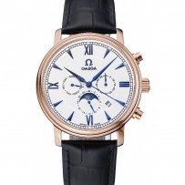 Omega De Ville Moonphase quadrante bianco Bracciale in pelle nera cassa in oro rosa 1454227