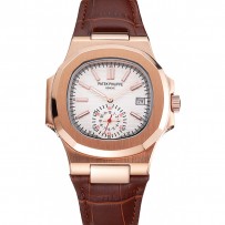 Patek Philippe Nautilus quadrante bianco cassa in oro rosa cinturino in pelle marrone